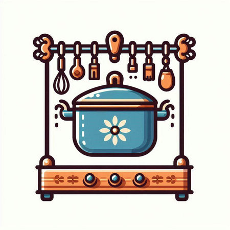 Kitchen utensils on wooden shelf. Vector illustration in doodle styleのイラスト素材