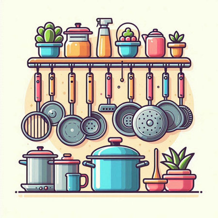 Kitchen utensils on shelf. Vector illustration in flat styleのイラスト素材