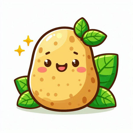 Cute potato character with green leaves on white background. Vector illustration.のイラスト素材