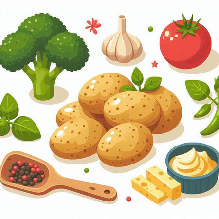 Illustration of a set of vegetables and spices on a white backgroundのイラスト素材