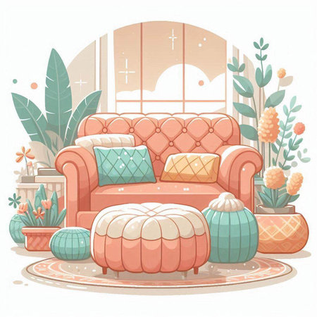 Vector illustration of a cozy living room with a sofa, pillows, cacti and plants.のイラスト素材