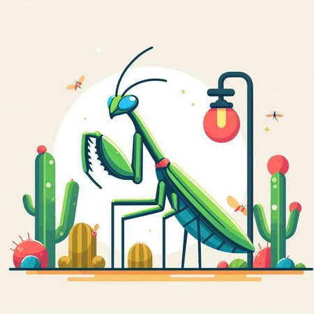 Praying mantis in the desert. Vector illustration in flat style.のイラスト素材