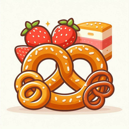 Bavarian pretzel with strawberry and cake. Vector illustration.のイラスト素材