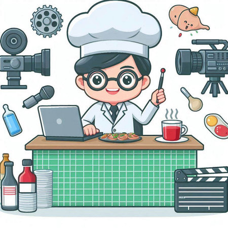 Cartoon illustration of a boy chef in the kitchen with a laptopのイラスト素材