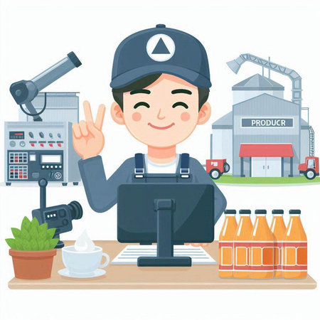 Worker in uniform at the factory. Vector illustration in cartoon styleのイラスト素材