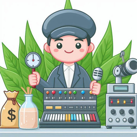 Cartoon musician recording a song in the studio. Vector illustration.のイラスト素材