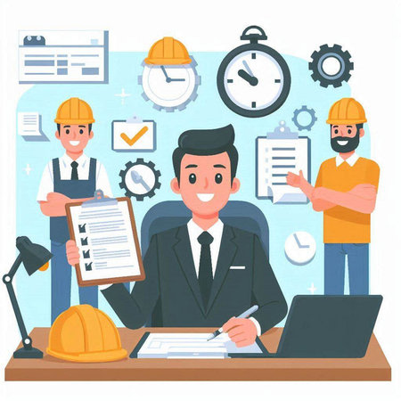 Architect or engineer working in office. Vector illustration in flat styleのイラスト素材