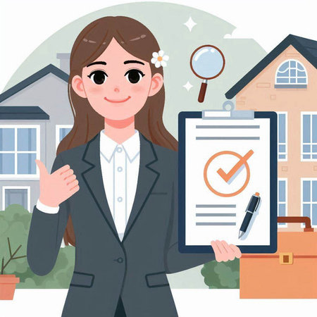 Real estate agent woman in front of a house. Vector illustration.のイラスト素材