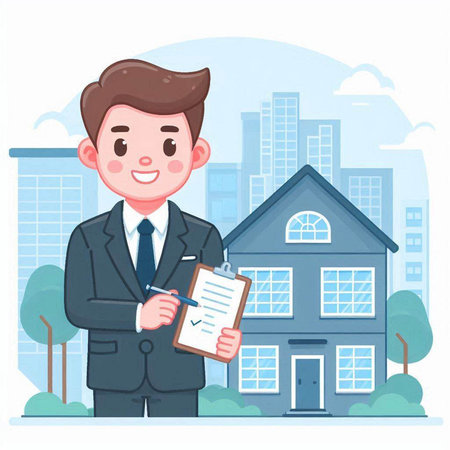 Real estate agent holding clipboard and signing contract. Vector illustration in cartoon styleのイラスト素材