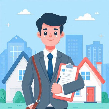 Real estate agent standing in front of the house. Vector illustration.のイラスト素材