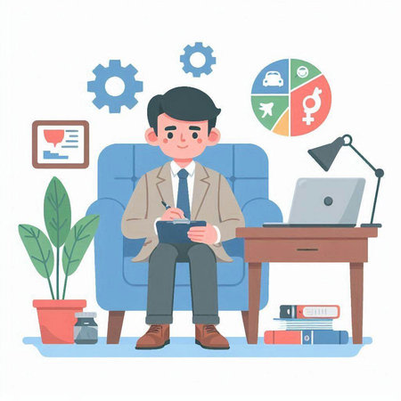 Businessman sitting in armchair and working on laptop. Vector illustration.のイラスト素材