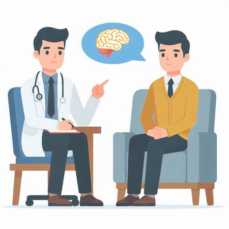 Male doctor talking to patient, sitting in armchair. Vector illustration in cartoon style.のイラスト素材