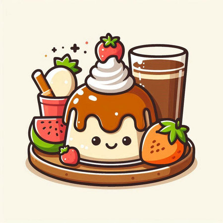 Cute cartoon chocolate pudding with whipped cream, strawberry, ice cream, whipped cream and whipped cream.のイラスト素材