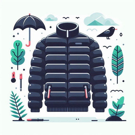 Vector illustration of winter jacket in flat style. Winter coat with hood and umbrella.のイラスト素材