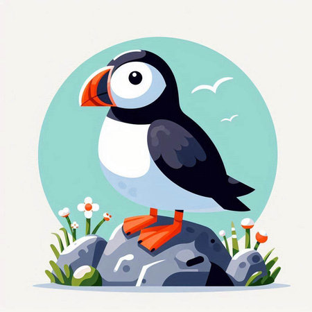 Puffin on a rock. Cute cartoon vector illustration.のイラスト素材