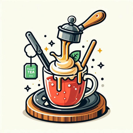Vector illustration of a cup of coffee with a spoon and a coffee grinder.のイラスト素材