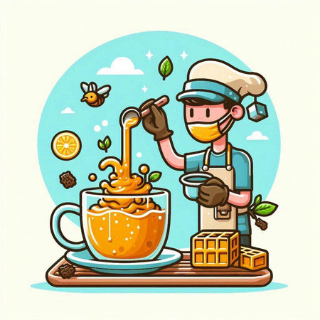 Vector illustration of a young man in apron, hat and apron pouring honey into a cup of coffee.のイラスト素材