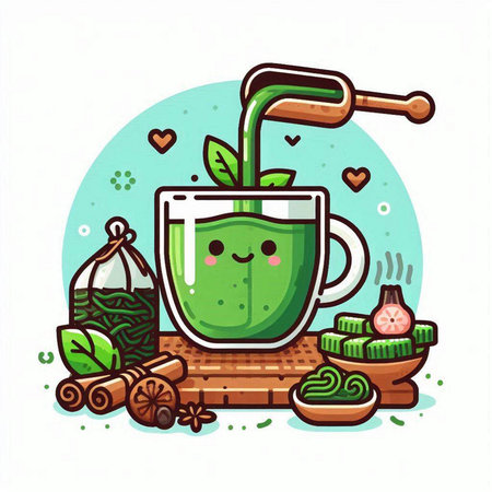 Matcha latte vector illustration. Cup of matcha latte with green tea.のイラスト素材
