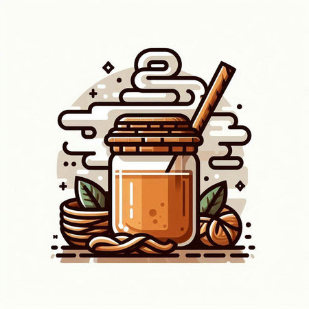 Jar of honey and nuts. Vector illustration in flat linear style.のイラスト素材