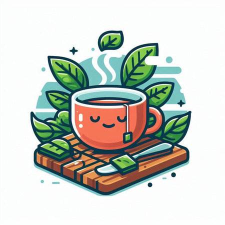 Cup of tea with leaves. Vector illustration in cartoon style.のイラスト素材