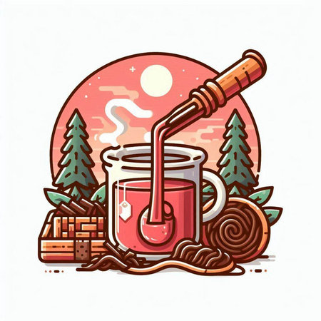 Hot mulled wine in a glass cup with a wooden spoon. Vector illustration.のイラスト素材