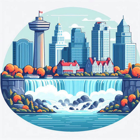 Autumn cityscape with waterfalls and buildings. Vector illustration.のイラスト素材
