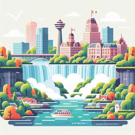 Waterfall in the city. Vector illustration in flat design style.のイラスト素材