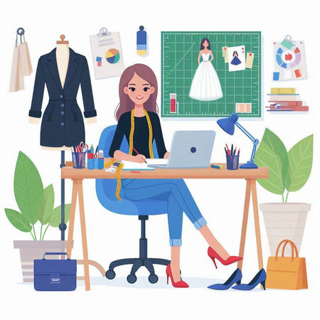 Fashion designer woman working at her workplace. Vector illustration in flat styleのイラスト素材