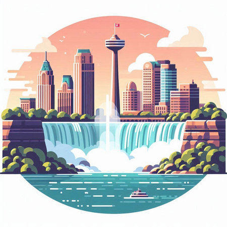 Skyscrapers and waterfalls in the city. Vector illustration.のイラスト素材