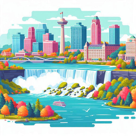 Autumn landscape with city buildings and river. Vector illustration in flat styleのイラスト素材
