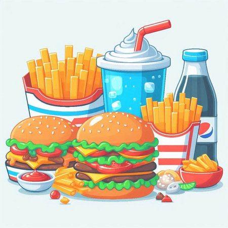 Fast food. Hamburger, french fries, soda, ice cream. Vector illustrationのイラスト素材