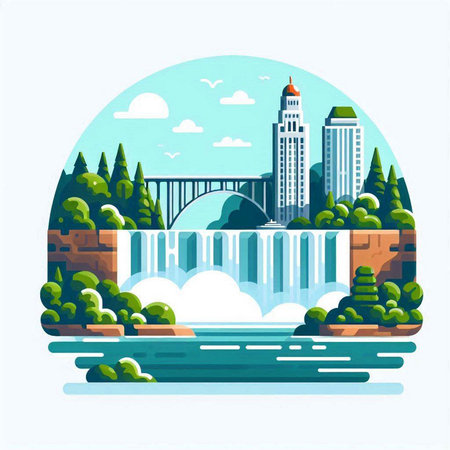 Landscape with buildings and river. Vector illustration in flat style.のイラスト素材