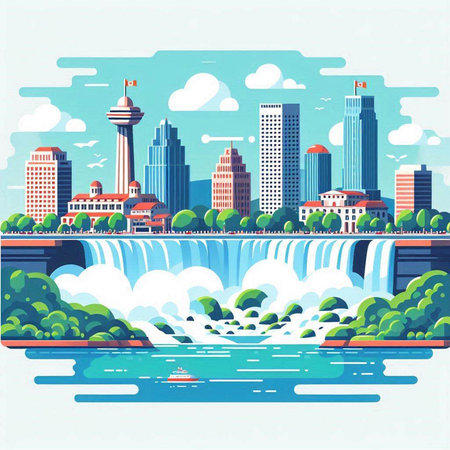 Waterfall and cityscape. Vector illustration in flat design style.のイラスト素材