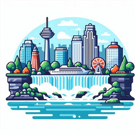 Vector illustration of a city landscape with a river and a waterfall.のイラスト素材