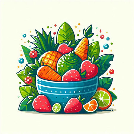 Strawberries and oranges in bowl with leaves. Vector illustration.のイラスト素材
