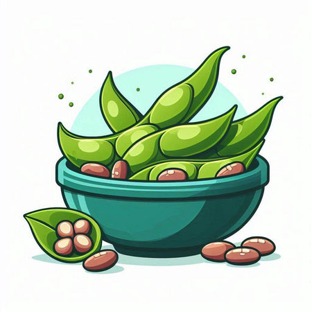 Illustration of fresh green soybeans in bowl on white background.のイラスト素材