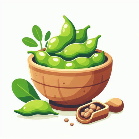 Fresh green soybeans in wooden bowl with leaves and seeds. Vector illustration.のイラスト素材