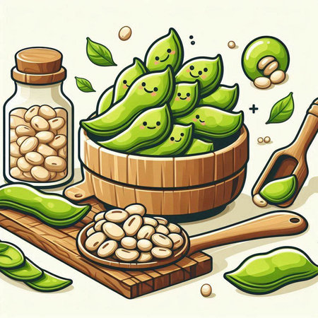 Illustration of green soybeans in wooden bowl with wooden spoon and jar full of soybeansのイラスト素材