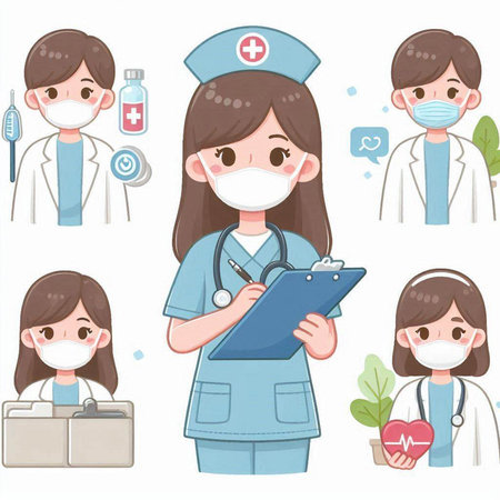 Illustration of a female nurse wearing a face mask and holding a clipboardのイラスト素材