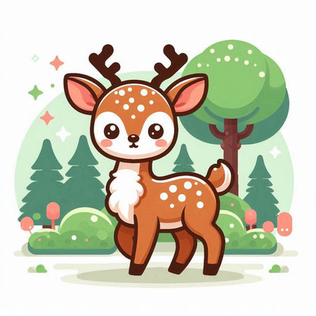 Cute deer in the forest. Vector illustration in cartoon style.のイラスト素材
