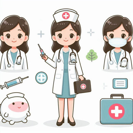 nurse and medical icons set in cartoon style. Vector illustration.のイラスト素材