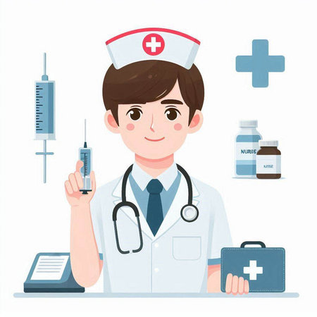 Nurse with a stethoscope holding a syringe and a first aid kitのイラスト素材