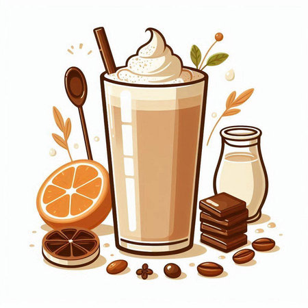 Coffee in glass with cream and coffee beans. Vector illustration.のイラスト素材