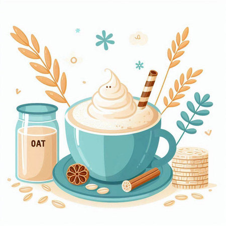 Cup of coffee with whipped cream, cookies and milk. Vector illustration.のイラスト素材