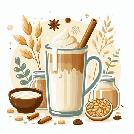 Coffee latte with whipped cream and cinnamon. Vector illustrationのイラスト素材