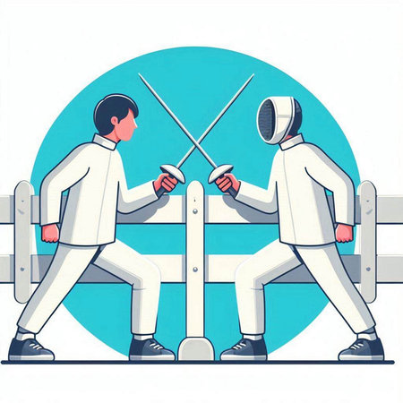 Fencing competition. Two men in fencing suits. Vector illustration.のイラスト素材