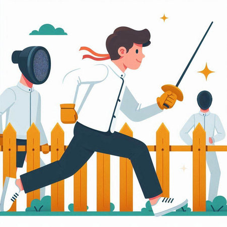 Fencing sport vector illustration. Young man in fencing suit and mask practicing sword fighting.のイラスト素材