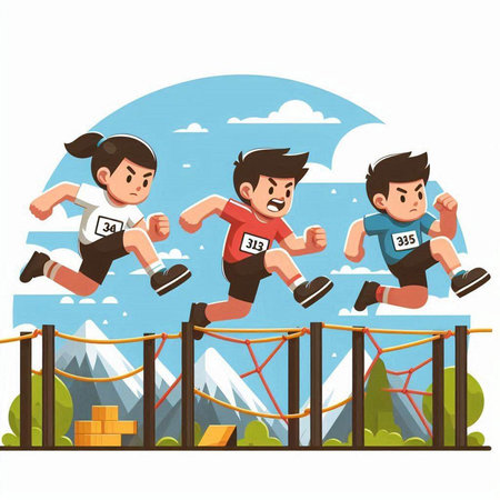 Athletic people running on the obstacle course. Vector illustration.のイラスト素材
