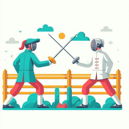 Fencing sport vector illustration. Cartoon man and woman in sportswear fencing.のイラスト素材