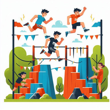 People running on obstacle course. Flat style vector illustration. Group of people jumping over obstacles.のイラスト素材